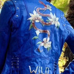 Perfecto cuir bleu Giorgio T 36- serpent rouge et fleurs